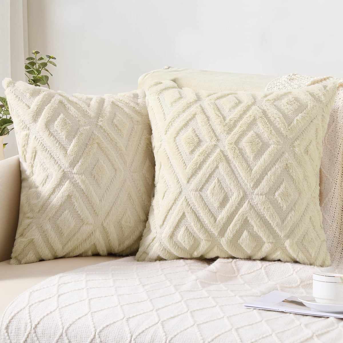Pallene Fall Cream White Faux Fur Throw Pillow Covers 18x18 Set of 2