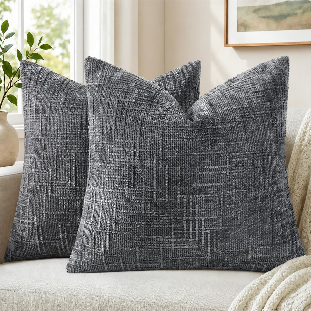 Pallene Cream White Textured Chenille Throw Pillow Covers 18x18 Set of 2