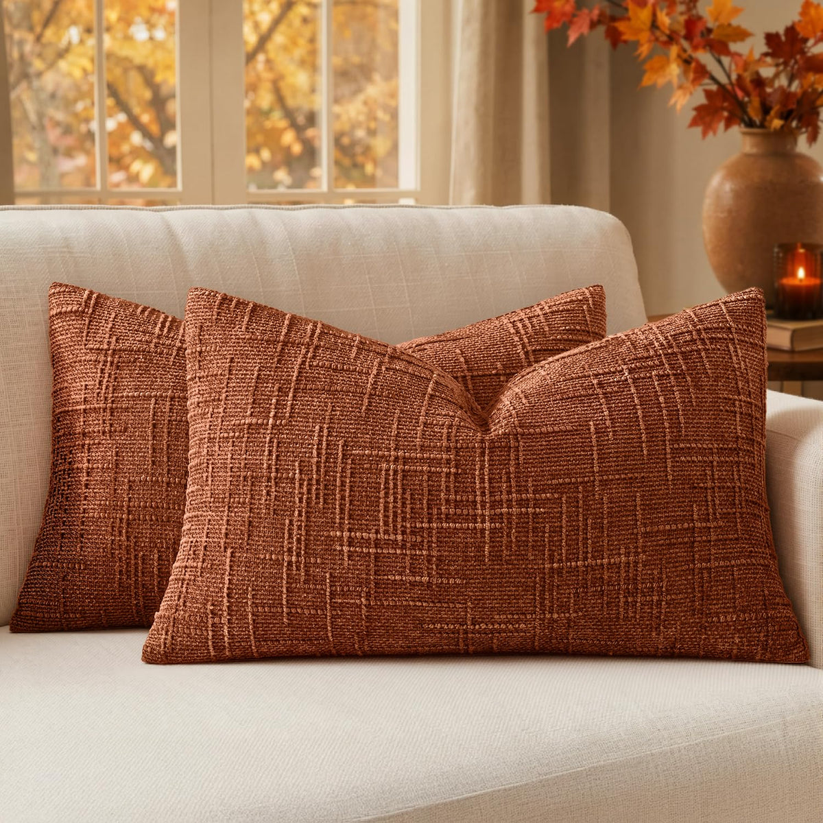 MIULEE Chenille Textured Throw Pillow Covers Cream White 18x18 Set of 2