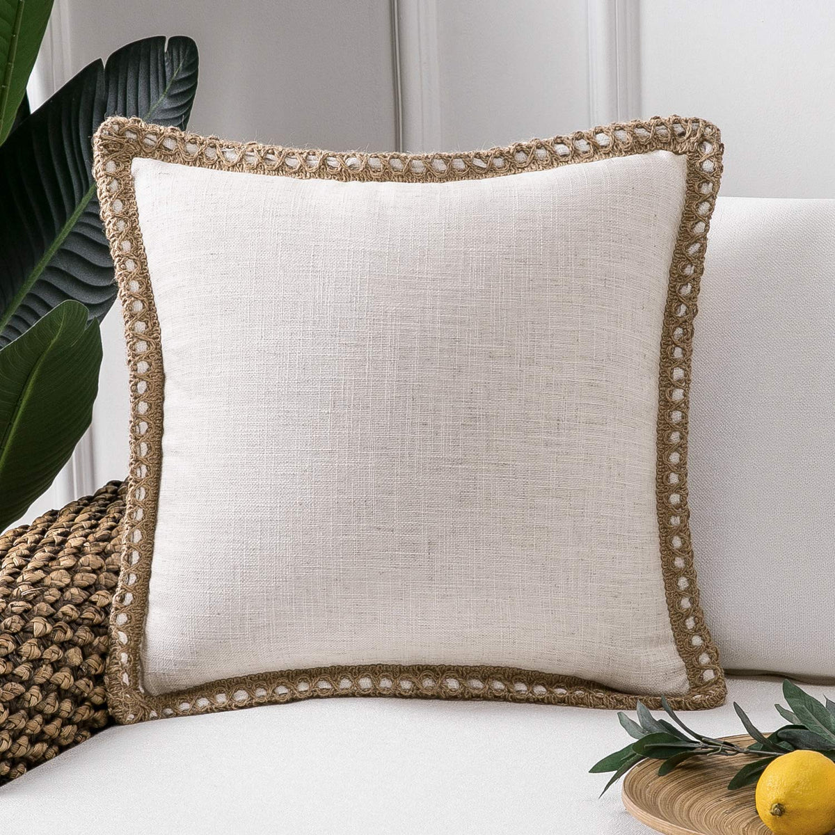 Phantoscope Pack of 2 Coastal Aqua Pillow Covers 18x18, Textured Polyester with Rope Trim, Fade Resistant Vintage Turquoise Blue Decorative Cushion Cases, Hidden Zipper, Farmhouse Boho Beach Decor