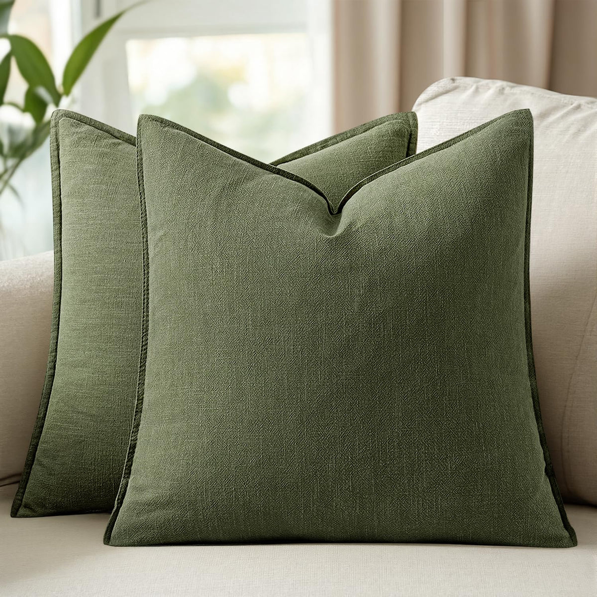 Set of 2 Linen Solid Throw Pillow Covers 20x20 Inch Dark Olive Green