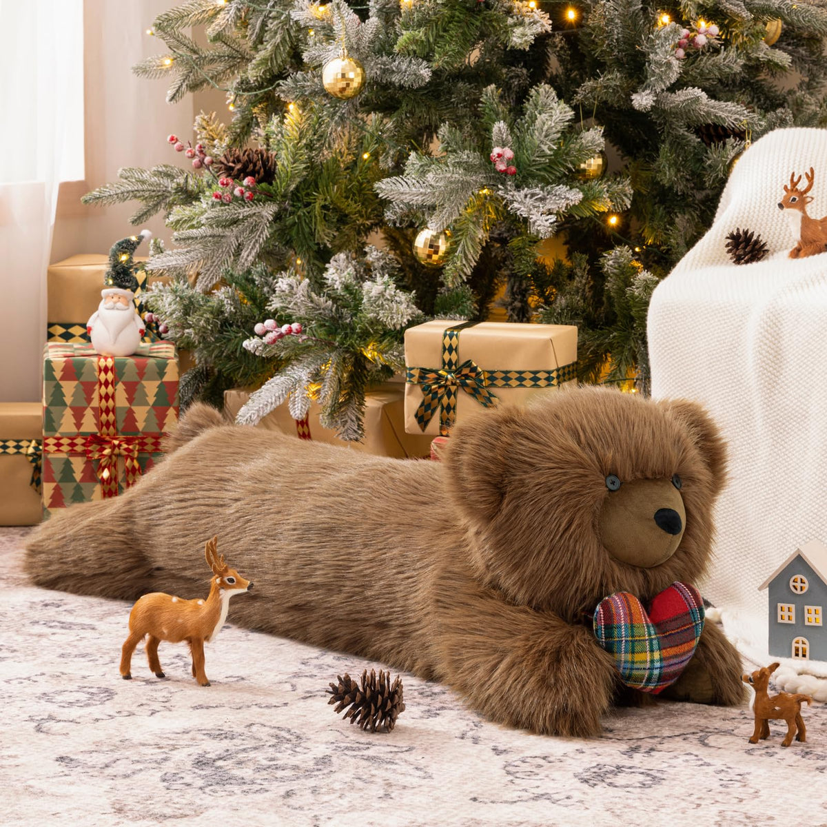 Phantoscope Christmas Animal Series, Reindeer Shaped Throw Pillow with Bell, Faux Rabbit Fur Christmas Body Pillow Decorative Pillows for Couch Sofa Bed, Light Brown Reindeer 30.5 x 9 inches