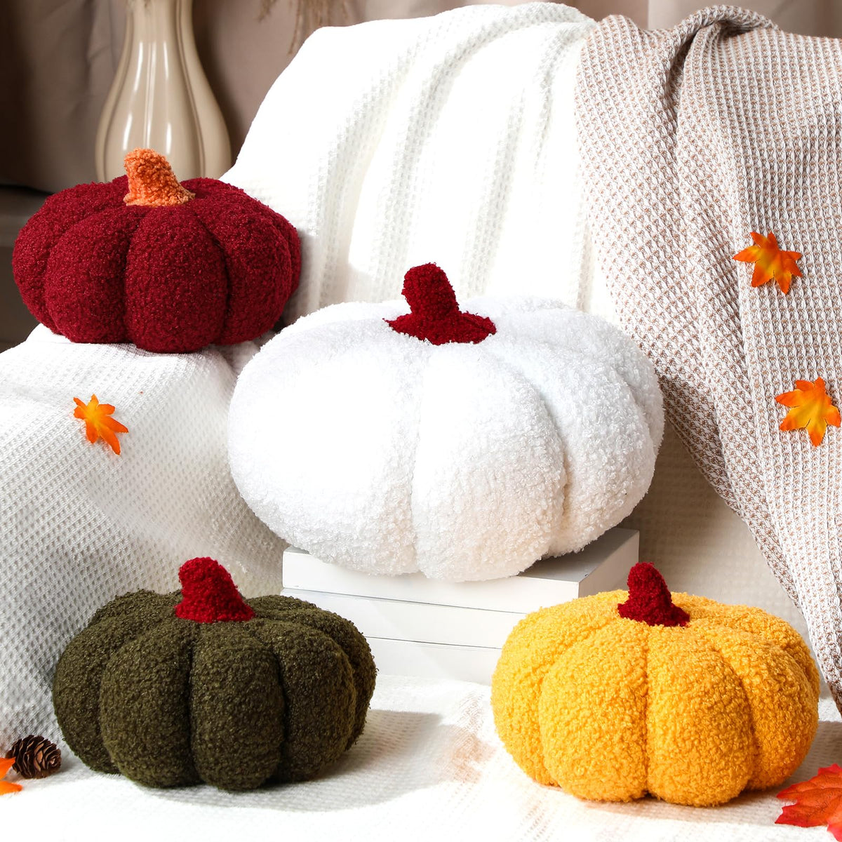 Kajaia 4 Pcs Pumpkin Pillow Fall Decor Thanksgiving, Vintage Color
