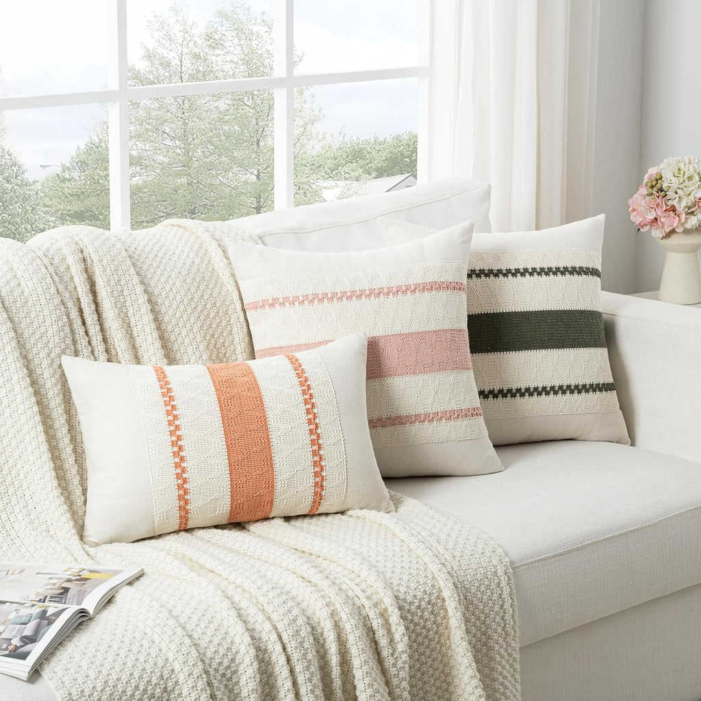 Fancy Homi Set of 2 Boho Olive Green Decorative Throw Pillow Cover 18x18 Inch for Couch Bed Sofa, Aesthetic Modern Organic Farmhouse Home Decor, Soft Cotton Cute Accent Macrame Woven Cushion Case