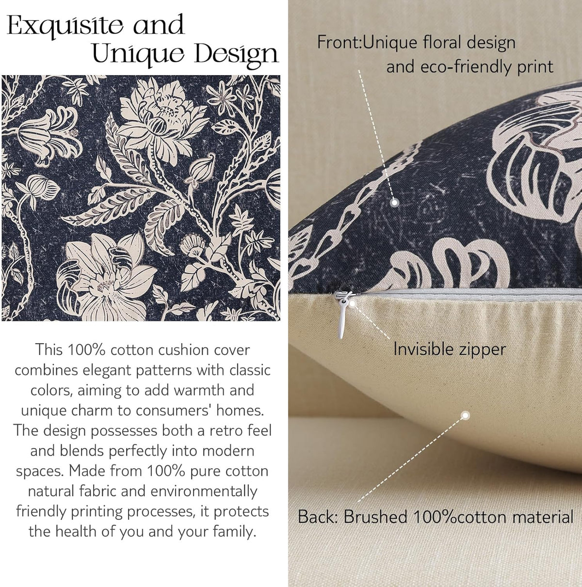 Cotton Navy Blue 18x18 Floral Decorative Sofa Couch Throw Pillow Covers