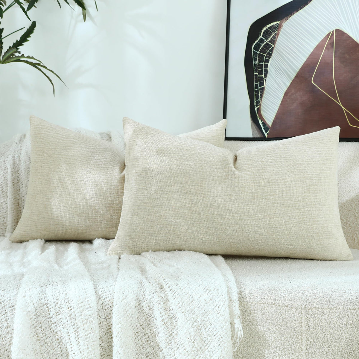 Stellhome Pack of 2 Soft Textured Throw Decorative Pillow Covers Square Accent Solid Cushion Cover Cozy Farmhouse Pillow Case for Couch Sofa Bedroom Living Room 18x18 Inch, Natural Beige