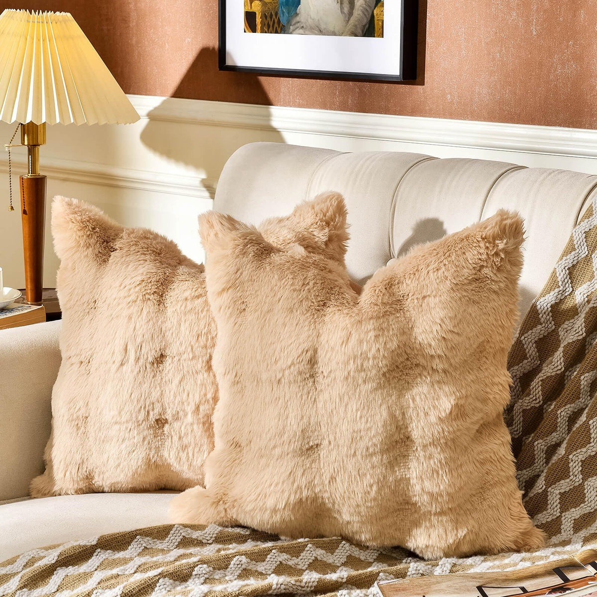 AmHoo Pack of 2 Throw Pillow Covers 3D Dense Faux Rabbit Fur Cozy Super Soft Fuzzy Set Case Cushion for Couch Sofa Bedroom 18 x 18-Inch Cream White