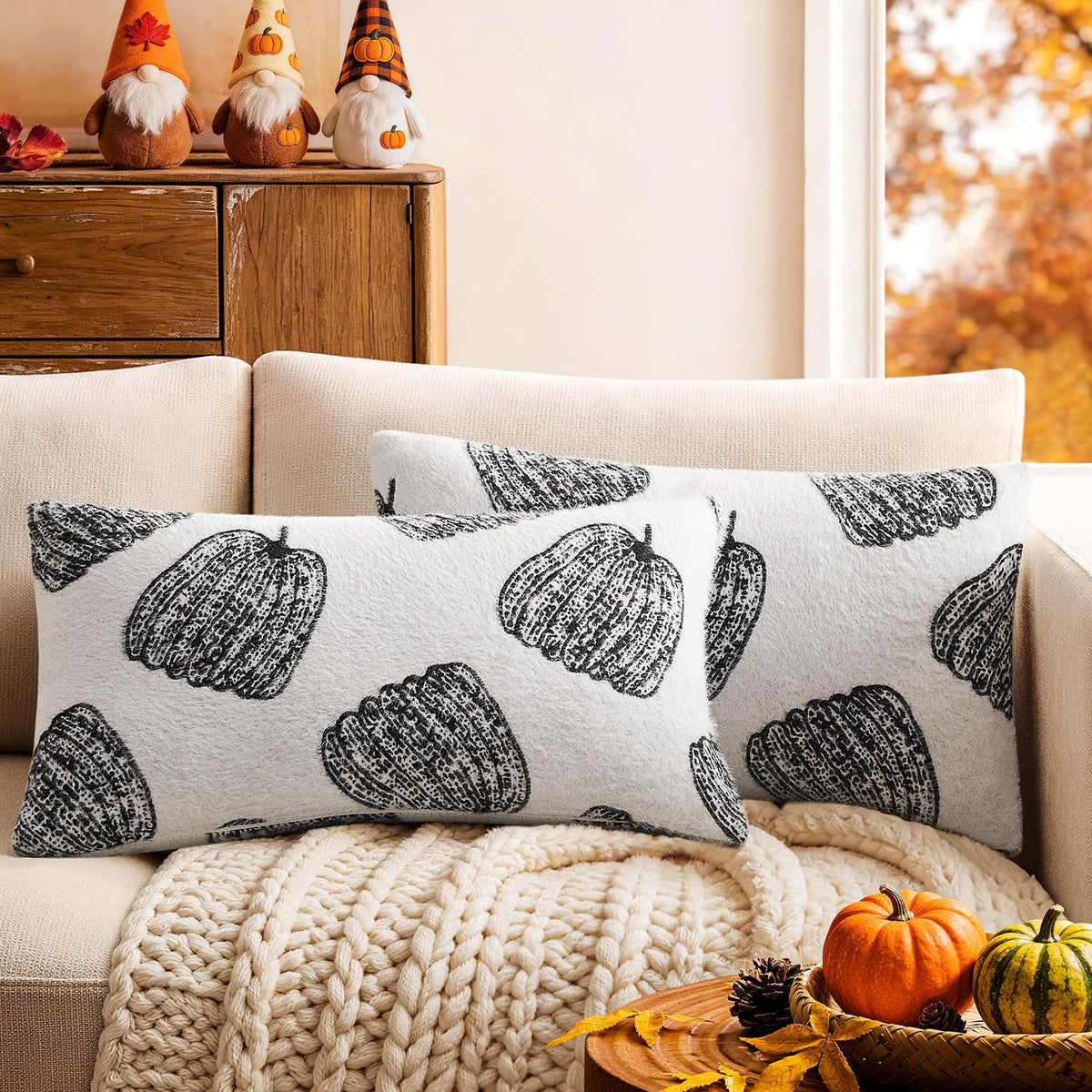 Throw Pillow Covers Set of 2 18x18 White Pumpkins Fall Camel Covers, Soft Faux Decorative Yellow Covers for Couch Sofa Bed Living Room, Farmhouse Home Boho Decor