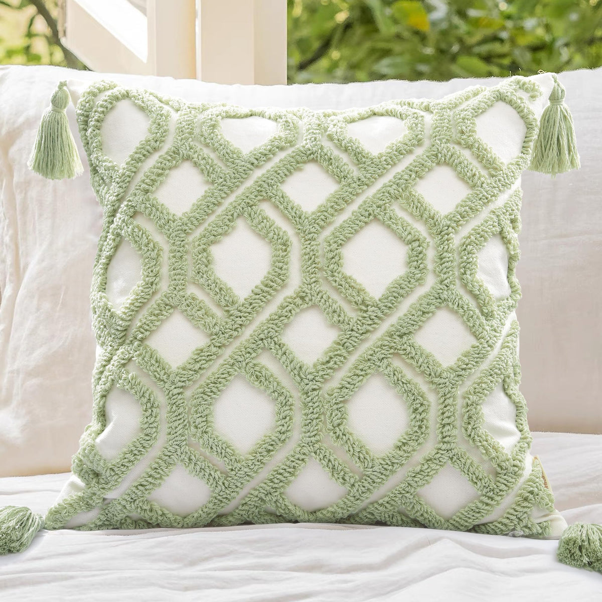 Boho Sofa Throw Pillow Covers – Exquisitely Crafted with Hand-Finished Tuft with Thick Cotton Tassel Details – Soft & Stylish Moroccan Decorative, 18x18inch (Spring Ruched)