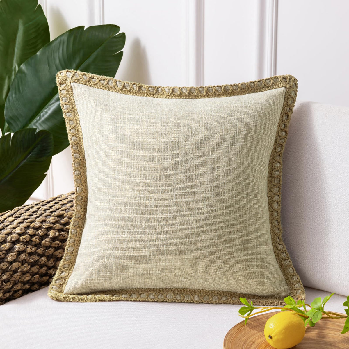 Phantoscope Pack of 2 Coastal Aqua Pillow Covers 18x18, Textured Polyester with Rope Trim, Fade Resistant Vintage Turquoise Blue Decorative Cushion Cases, Hidden Zipper, Farmhouse Boho Beach Decor