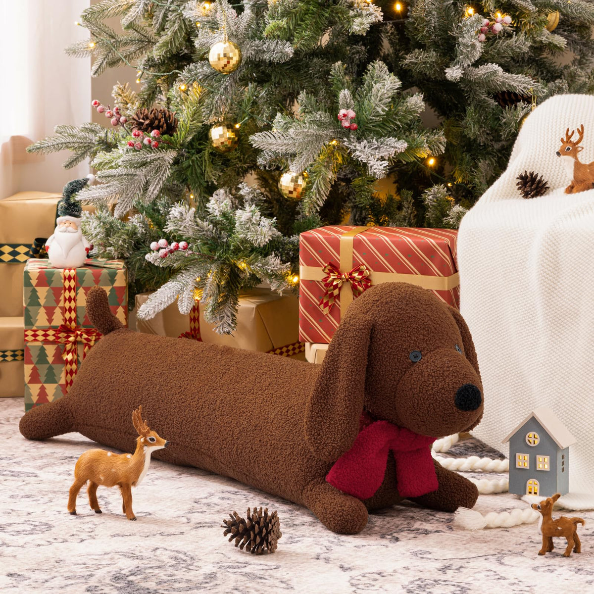 Phantoscope Christmas Animal Series, Reindeer Shaped Throw Pillow with Bell, Faux Rabbit Fur Christmas Body Pillow Decorative Pillows for Couch Sofa Bed, Light Brown Reindeer 30.5 x 9 inches