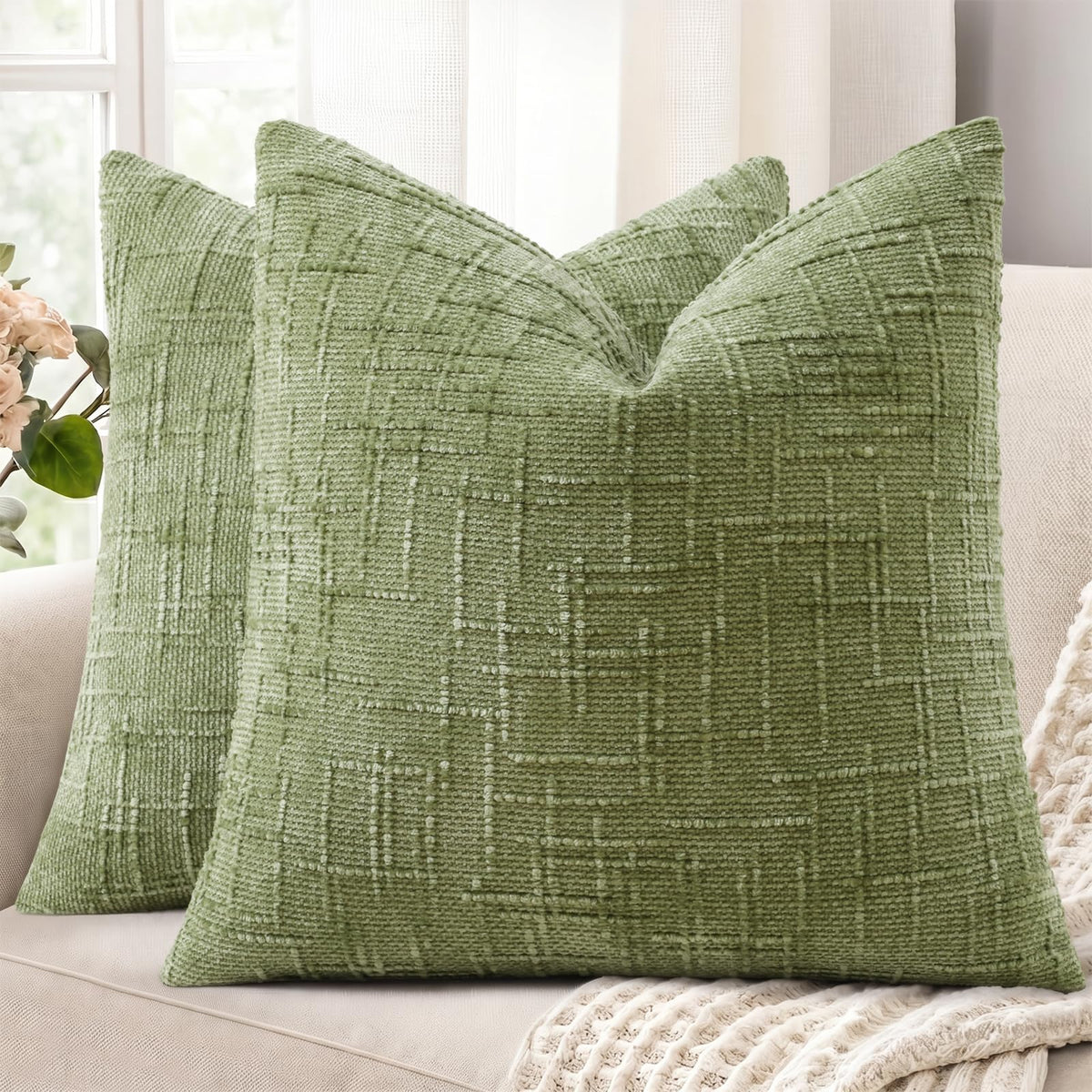 decorUhome Textured Chenille Throw Pillow Covers 18x18 Set of 2 Ivory