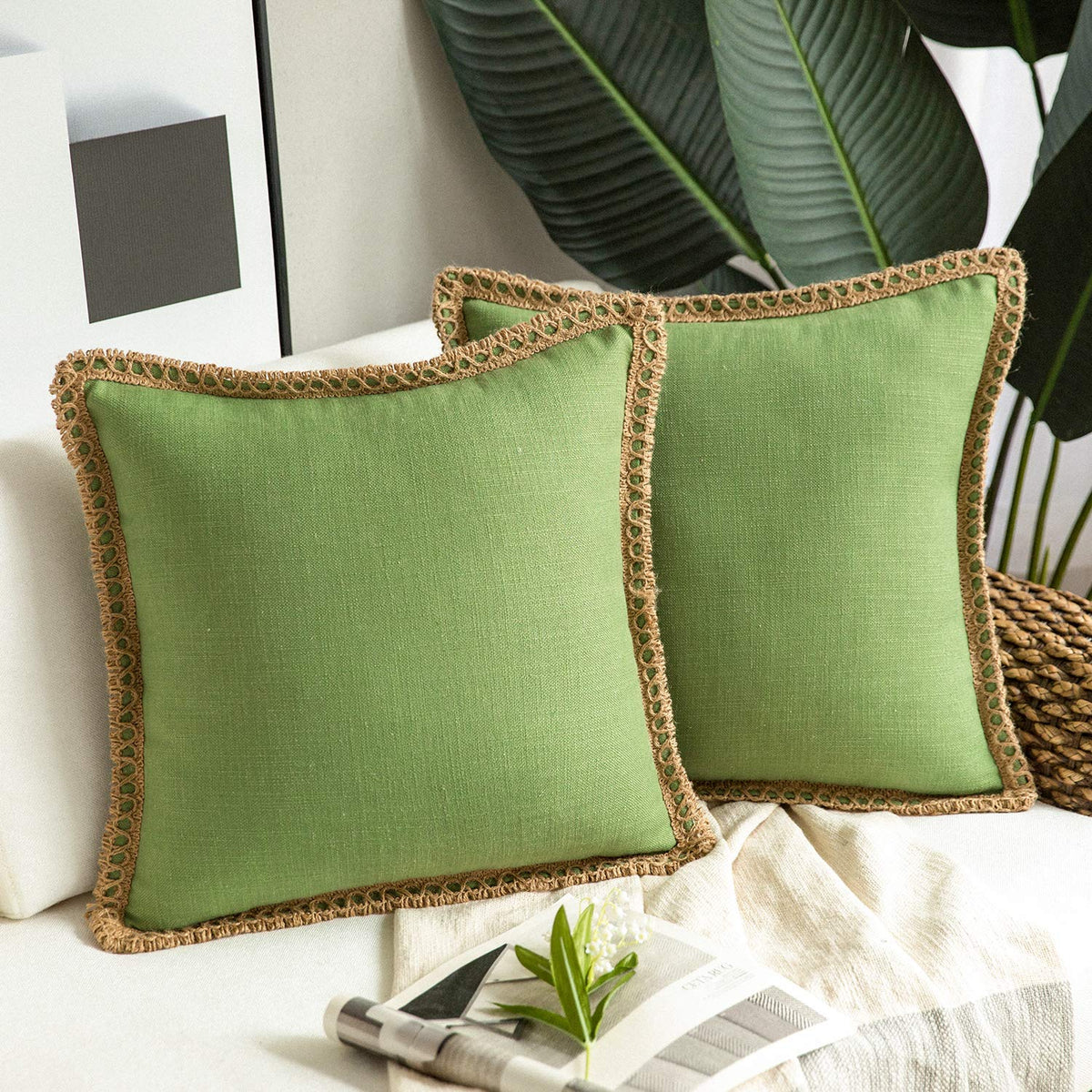 Phantoscope Pack of 2 Coastal Aqua Pillow Covers 18x18, Textured Polyester with Rope Trim, Fade Resistant Vintage Turquoise Blue Decorative Cushion Cases, Hidden Zipper, Farmhouse Boho Beach Decor
