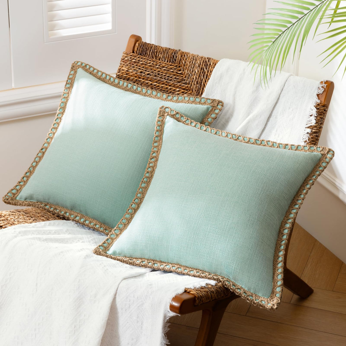 Phantoscope Pack of 2 Coastal Aqua Pillow Covers 18x18, Textured Polyester with Rope Trim, Fade Resistant Vintage Turquoise Blue Decorative Cushion Cases, Hidden Zipper, Farmhouse Boho Beach Decor