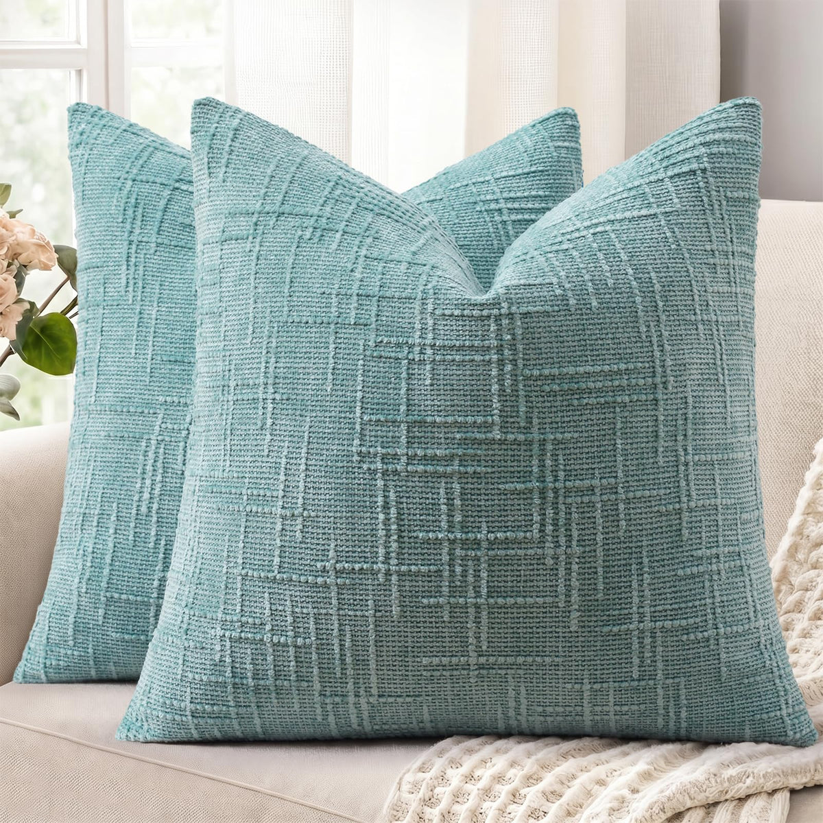 decorUhome Textured Chenille Throw Pillow Covers 18x18 Set of 2 Ivory