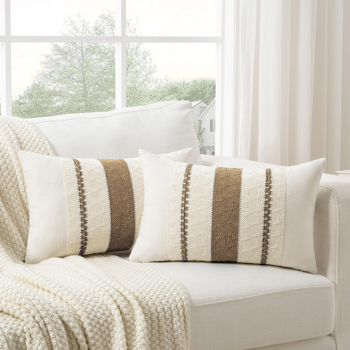 Fancy Homi Set of 2 Boho Olive Green Decorative Throw Pillow Cover 18x18 Inch for Couch Bed Sofa, Aesthetic Modern Organic Farmhouse Home Decor, Soft Cotton Cute Accent Macrame Woven Cushion Case