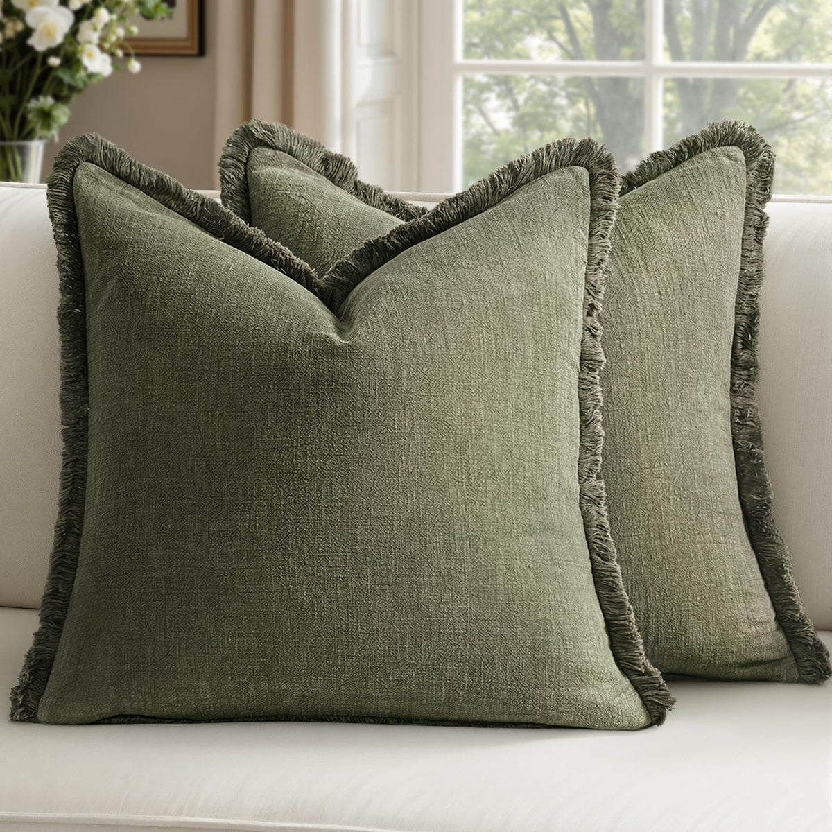 Linen Fringe Throw Pillow Covers 20x20 Inch Set of 2,Navy Blue