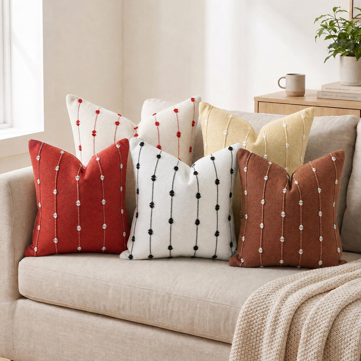 AVOIN colorlife Beige Black Boho Linen Throw Pillow Covers 18x18 Inch 2PC