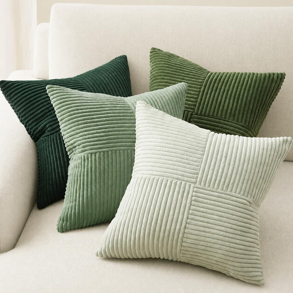 Topfinel SageGreen Throw Pillow Covers 18X18 Inch Set of 4,Boho Farmhouse Cozy Cushion Cover with Corduroy,Soft Accent Forest Green Pillow Covers for Couch,Bed,Living Room Home Decor