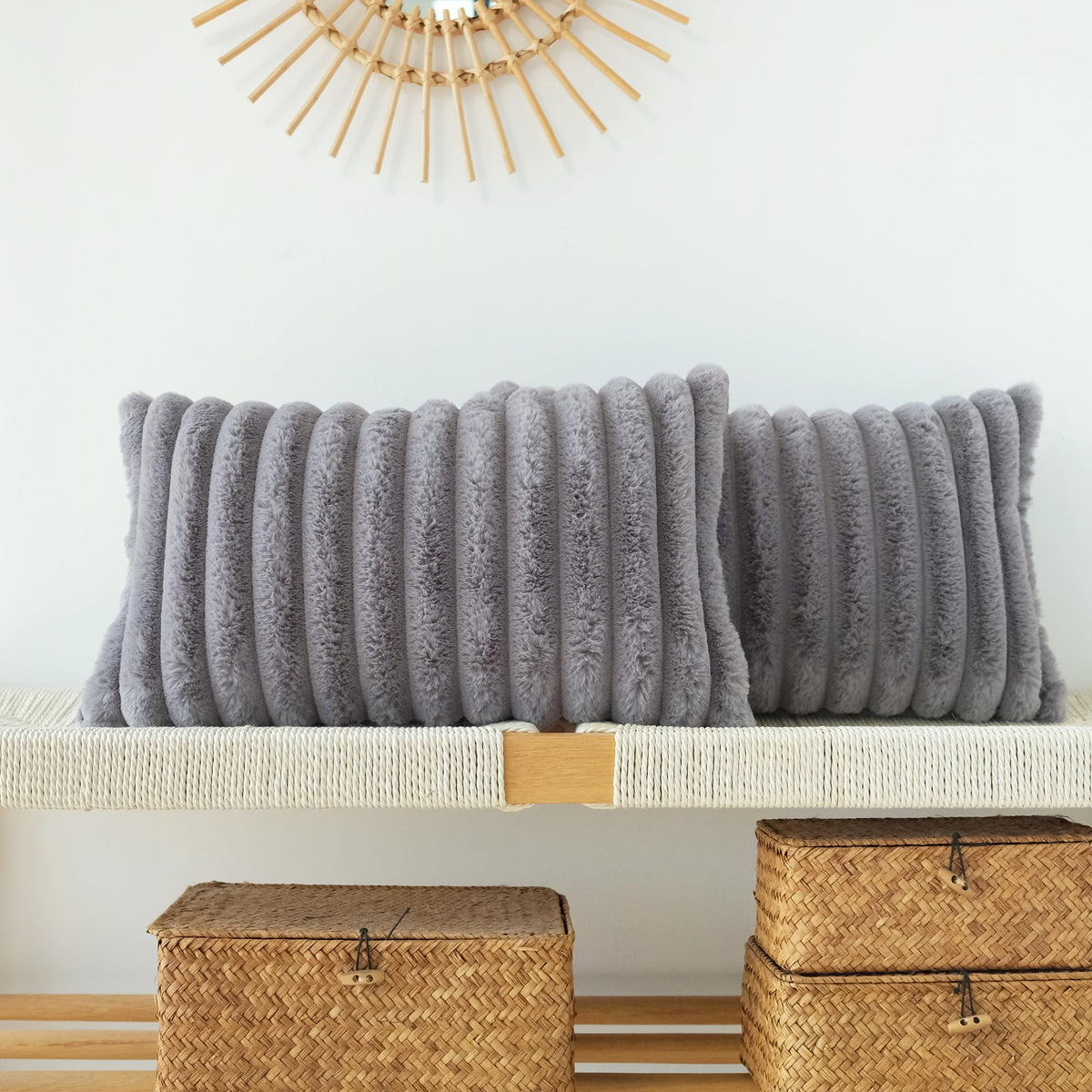 JOJUSIS Faux Fur Plush Throw Pillow Covers, Beige, 24 x 24-Inch