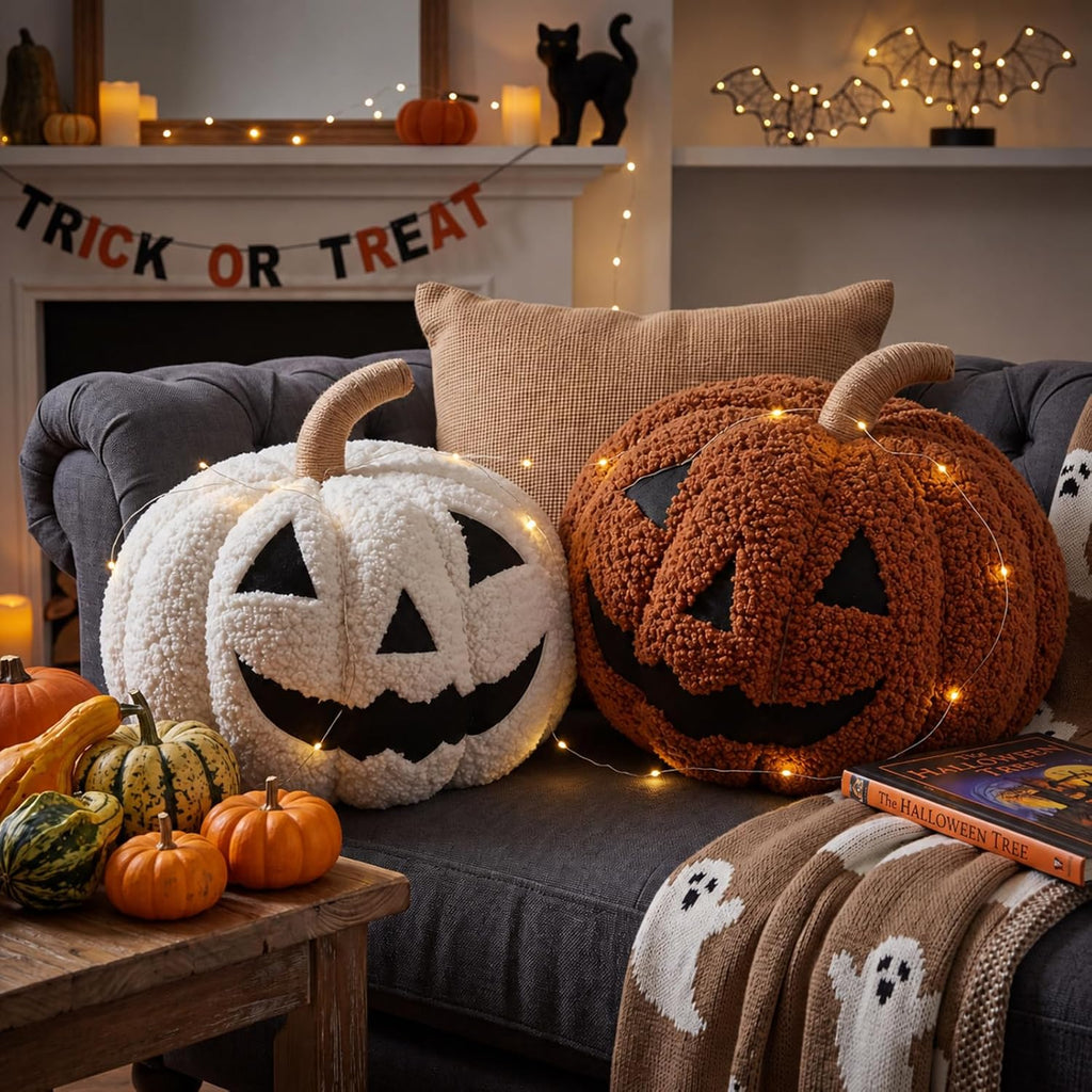 2pcs Fall Halloween 3D Pumpkin Throw Pillows Sherpa Stuffed Pumpkin Decor
