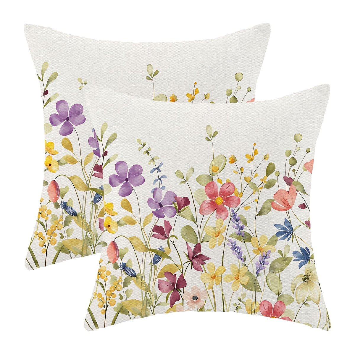 AEIOAE Spring Pillow Covers 18x18 Inch Set of 2,Blue Teal Wild Flower Plant Throw Pillows Case,Seasonal Floral Outdoor Decorative Square Linen Farmhouse Decor Cushion Covers for Home Sofa Bed Couch