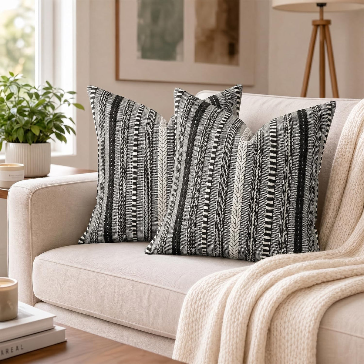 AVOIN colorlife Black Boho Decorative Throw Pillow Covers Set of 2, 18 x 18 Inch Woven Stripe Textured Rustic Cushion Case Home Decor for Living Room Couch Sofa