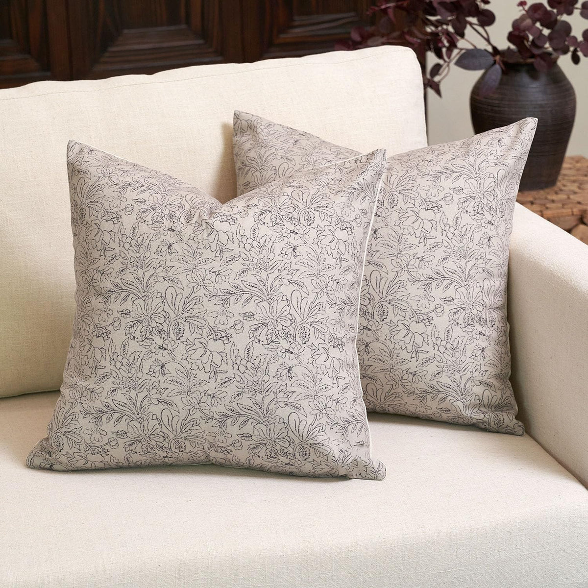 Amor Virisso Floral Throw Pillow Covers 18x18 Set of 2 Vintage Block Print Pillow Covers Decorative Pillow Covers Couch Pillows for Living Room Farmhouse Accent Sofa Pillows, Red/Sand