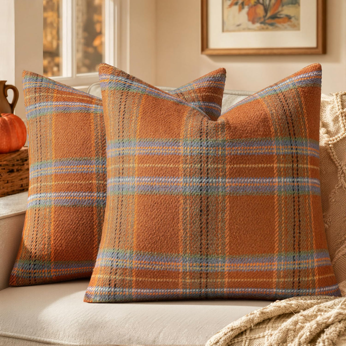 MIULEE Fall Plaid Decorative Pillow Covers Set of 2 18x18 Rust