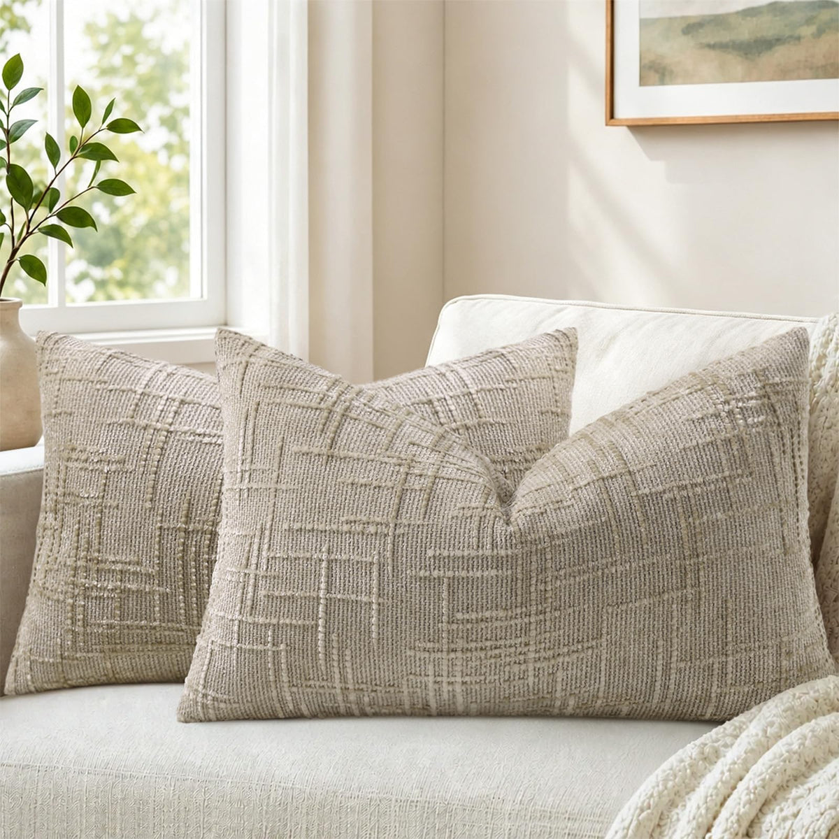 Pallene Cream White Textured Chenille Throw Pillow Covers 18x18 Set of 2