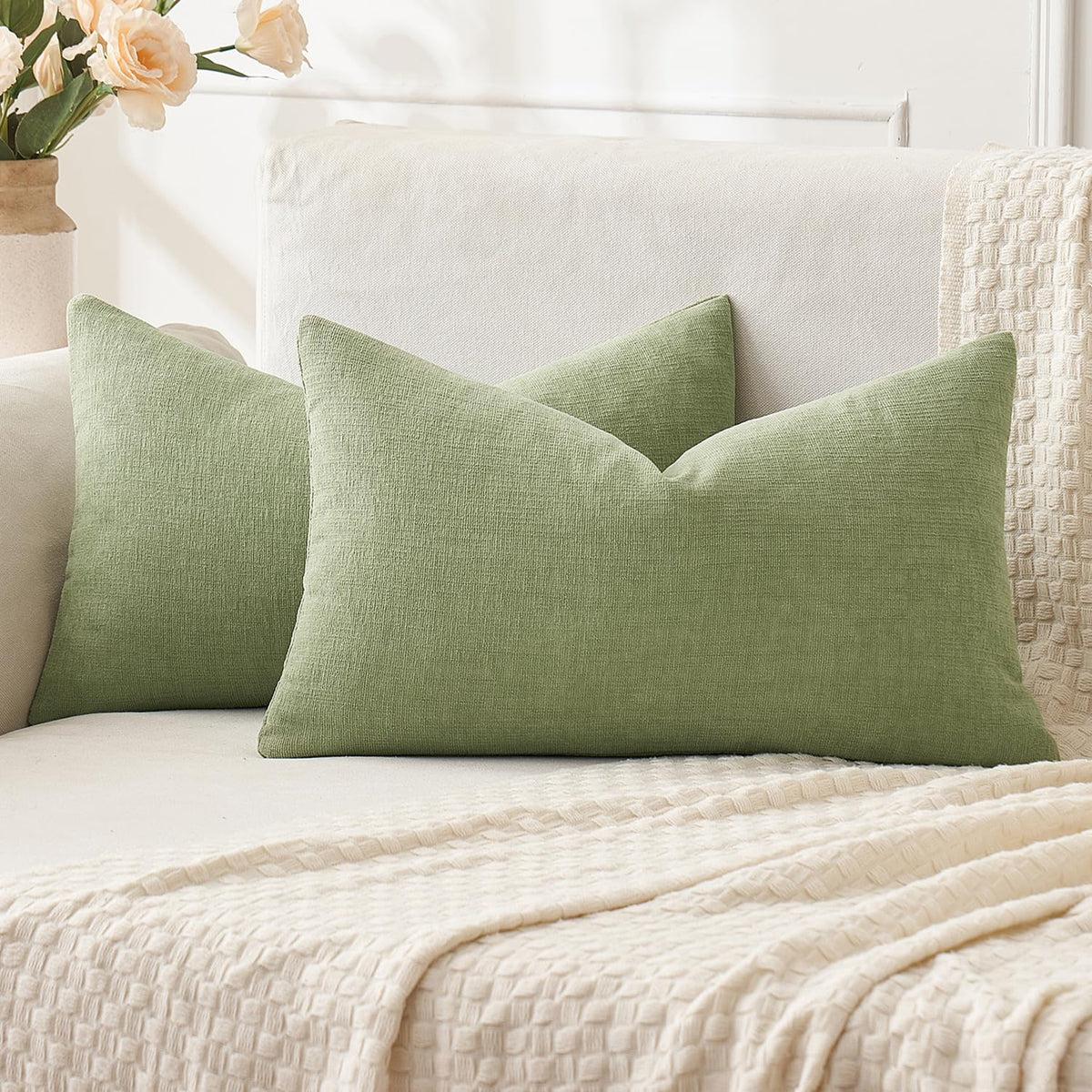 MIULEE Sage Green Chenille Couch Throw Pillow Covers, 18x18