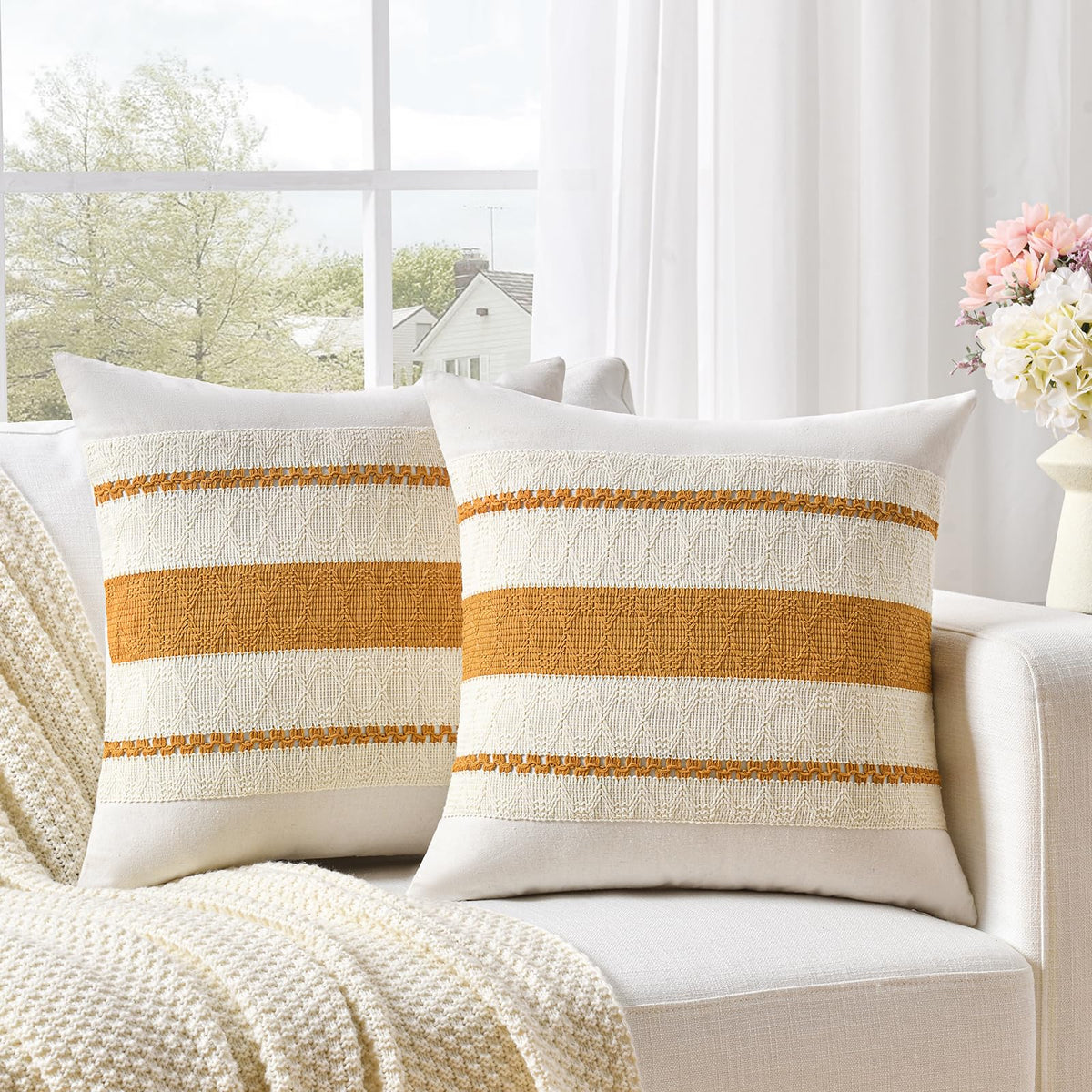 Fancy Homi Set of 2 Boho Olive Green Decorative Throw Pillow Cover 18x18 Inch for Couch Bed Sofa, Aesthetic Modern Organic Farmhouse Home Decor, Soft Cotton Cute Accent Macrame Woven Cushion Case