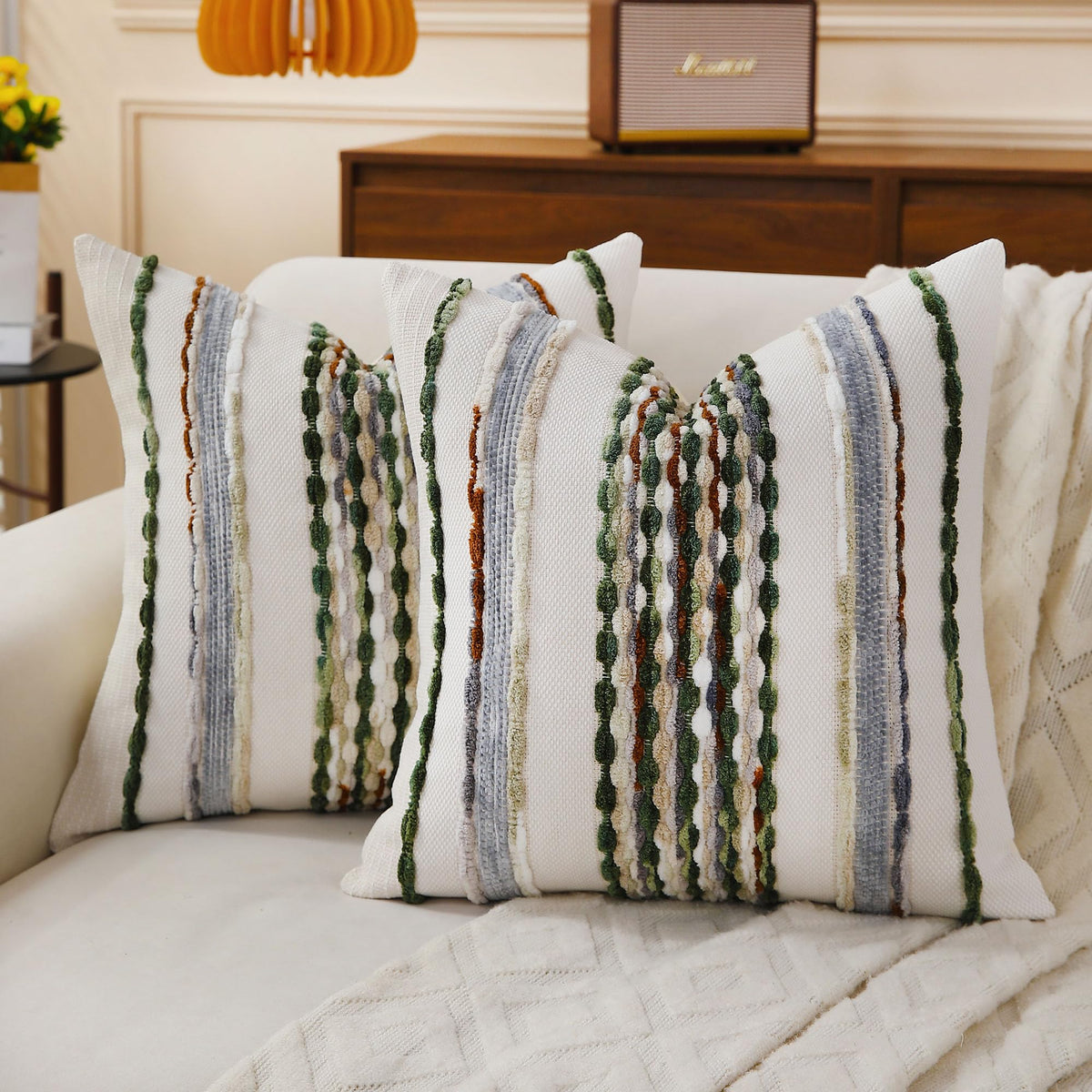 Boho Striped Throw Pillow Covers 18x18 Inch Set of 2 Farmhouse Square Decorative Pillow Covers Chenille Tufted Accent Neutral Pillowcase Grey Blue Cushion Cover for Living Room Couch Sofa Bed