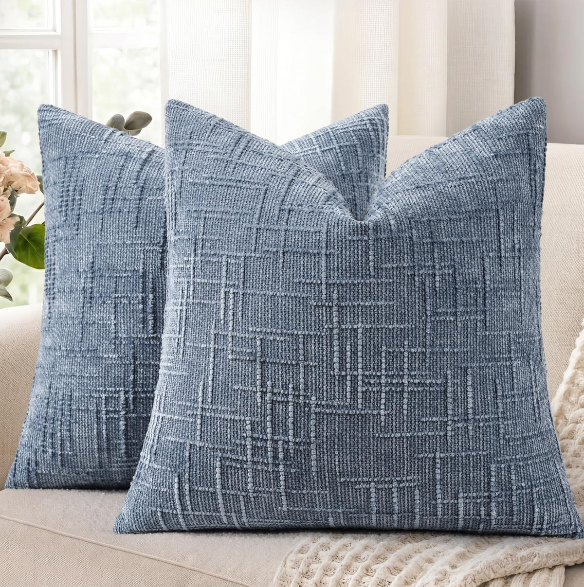 decorUhome Textured Chenille Throw Pillow Covers 18x18 Set of 2 Ivory