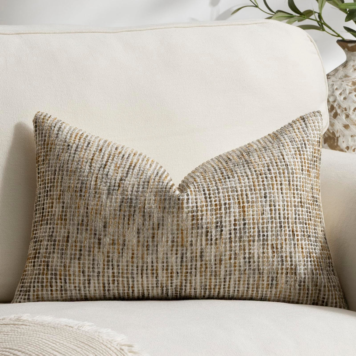 Pack of 2 Neutral Throw Pillow Covers 18x18 Boho Textured Dots Stripe Chenille Square Decorative Pillow Cases Accents for Living Room Couch Bed Farmhouse Home Decor, Taupe