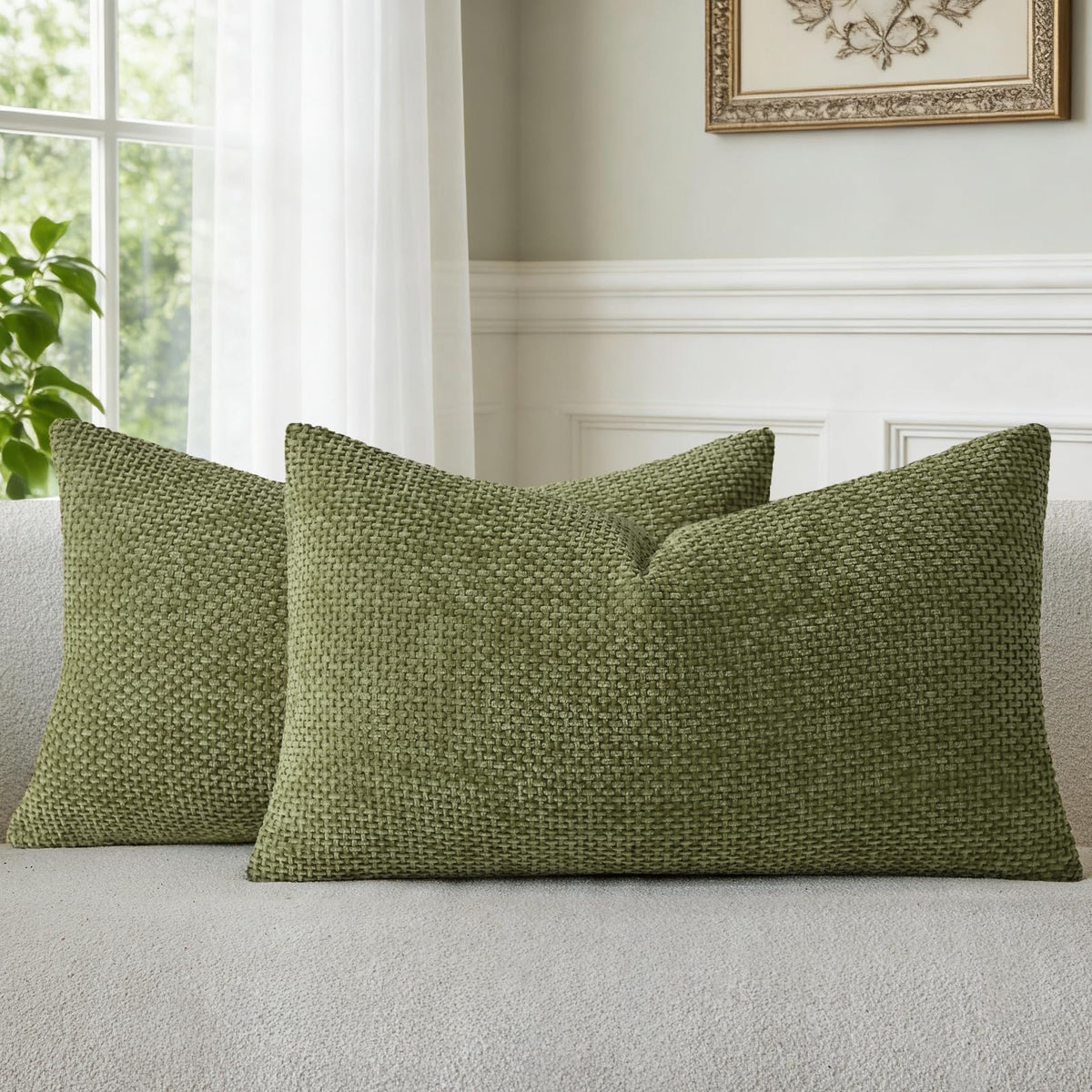 a moment Light Green Chenille Throw Pillow Covers 20x20 Inch Pack of 2 Modern Decorative Throw Pillow Covers Farmhouse Cross Covers Home Decor for Sofa Bedroom Living Room Spring