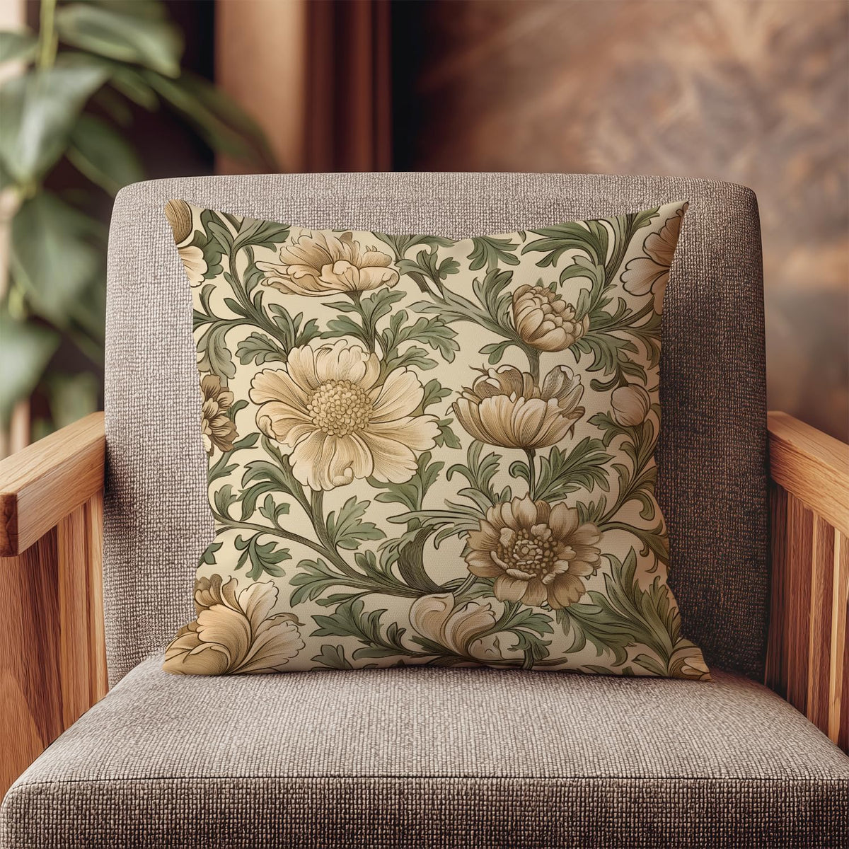 Vintage William Morris Inspired Poppy Floral Throw Pillow Cover 18×18,Olive Green Botanical Cushion Cover,Retro Floral Art Decorative Square Double-Sided Pillowcase for Sofa Bed Farmhouse