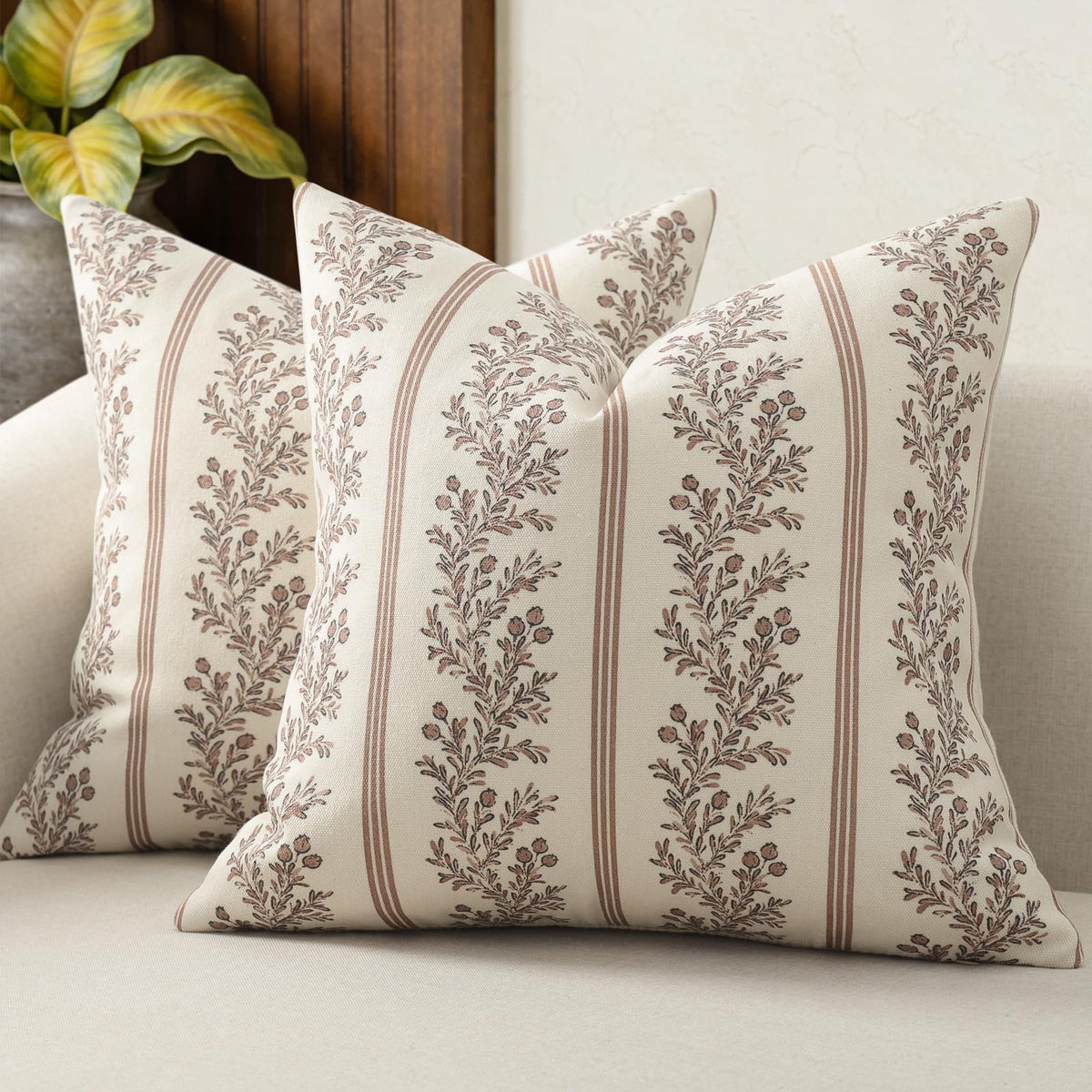 Vintage Throw Pillow Covers 20x20 Set of 2, Striped Floral Pillow Cover Botanical Patterned Decorative Cushion Covers Modern Farmhouse Home Decor for Sofa Couch Bed Living Room, Light Blue