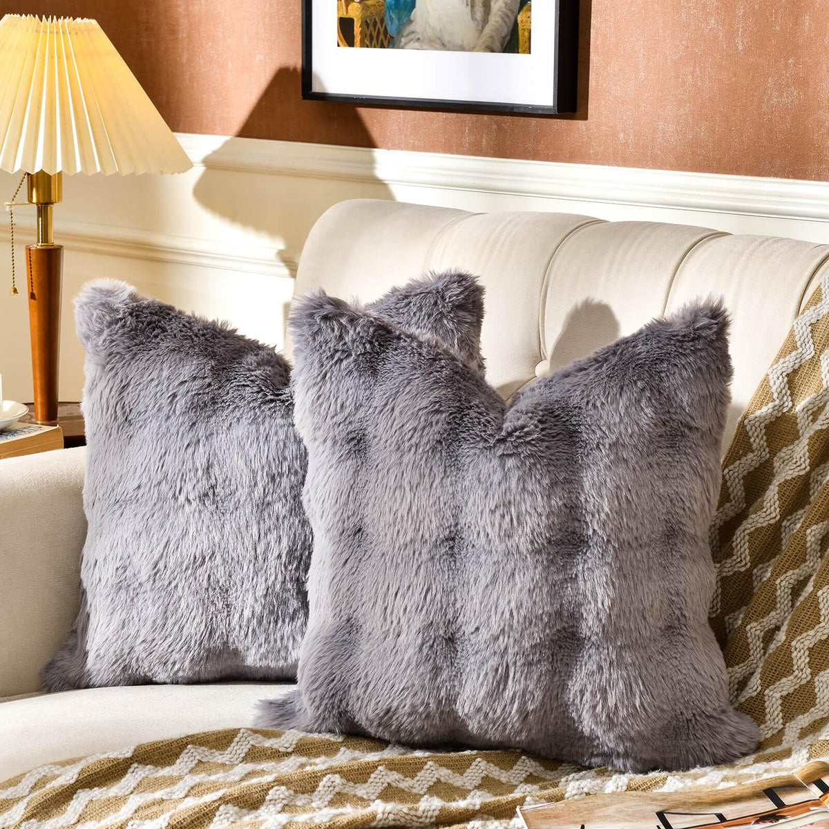 AmHoo Pack of 2 Throw Pillow Covers 3D Dense Faux Rabbit Fur Cozy Super Soft Fuzzy Set Case Cushion for Couch Sofa Bedroom 18 x 18-Inch Cream White