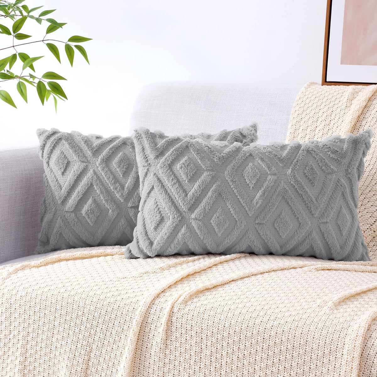 Pallene Fall Cream White Faux Fur Throw Pillow Covers 18x18 Set of 2