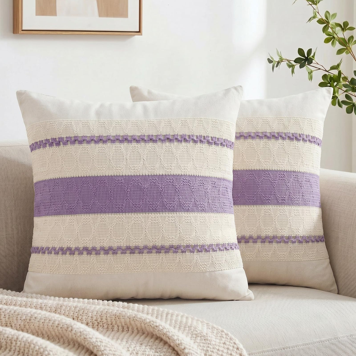 Fancy Homi Set of 2 Boho Olive Green Decorative Throw Pillow Cover 18x18 Inch for Couch Bed Sofa, Aesthetic Modern Organic Farmhouse Home Decor, Soft Cotton Cute Accent Macrame Woven Cushion Case