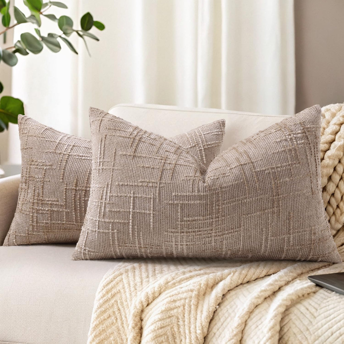 decorUhome Textured Chenille Throw Pillow Covers 18x18 Set of 2 Ivory