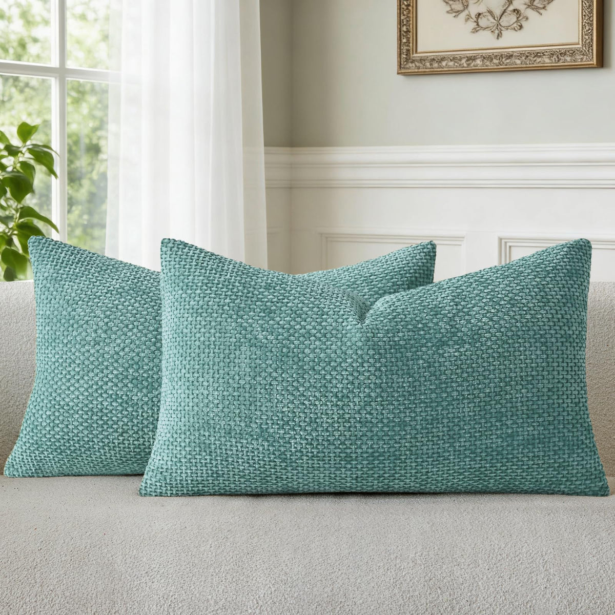 a moment Light Green Chenille Throw Pillow Covers 20x20 Inch Pack of 2 Modern Decorative Throw Pillow Covers Farmhouse Cross Covers Home Decor for Sofa Bedroom Living Room Spring