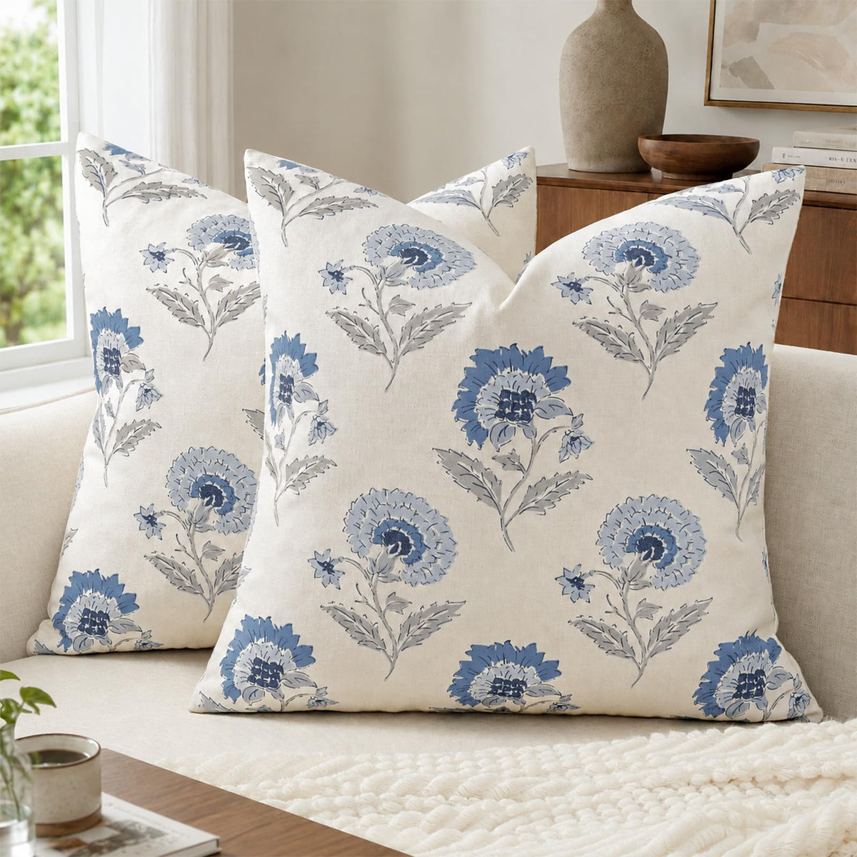 Vintage Throw Pillow Covers 20x20 Set of 2, Cotton Floral Pillow Cover Botanical Patterned Decorative Cushion Covers Modern Farmhouse Home Decor for Sofa Couch Bed Living Room, Blush Meadow