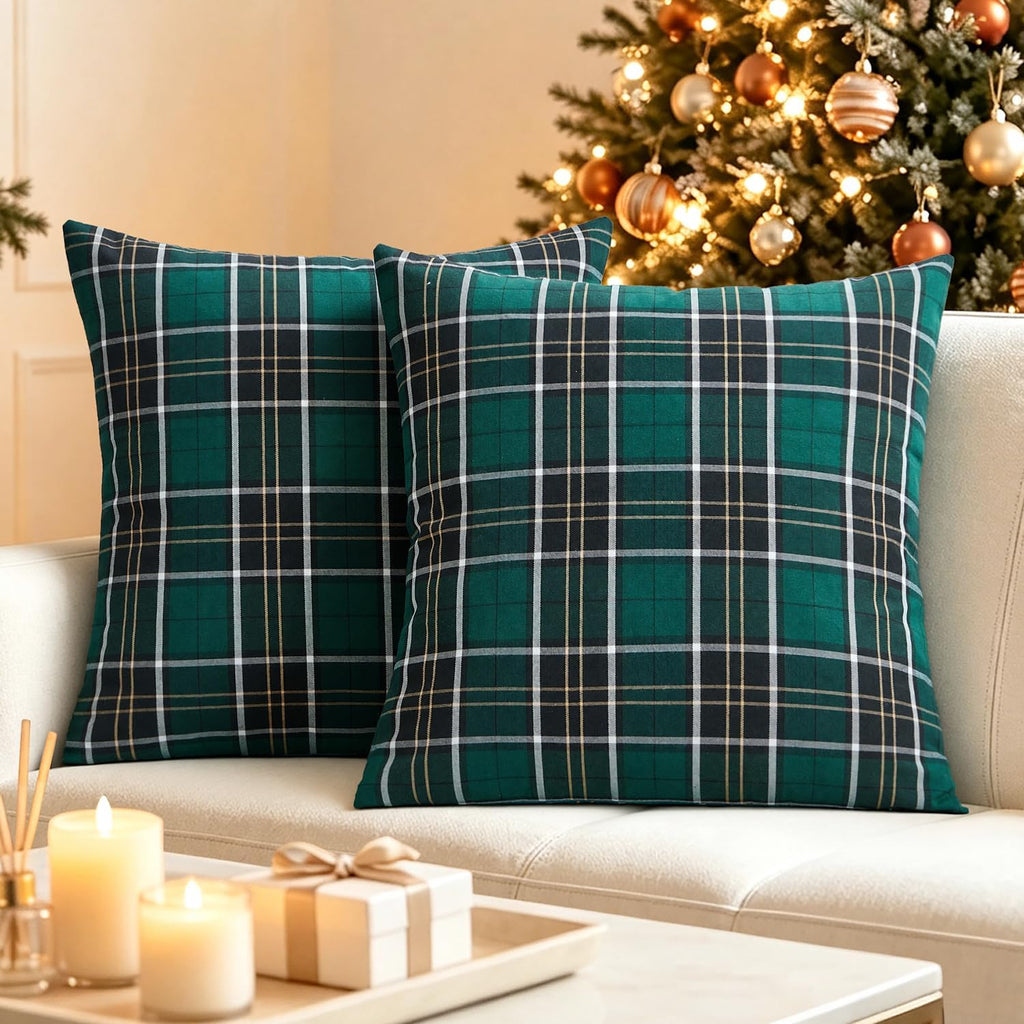 VISIONTEX Christmas Plaid Pillow Covers 18x18 Inch, Green Tartan Set of 2