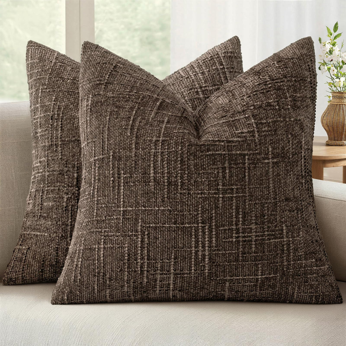 MIULEE Chenille Textured Throw Pillow Covers Cream White 18x18 Set of 2