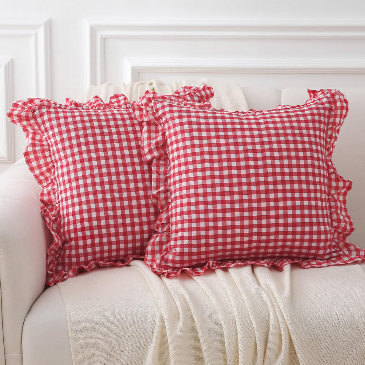 2 Pack Taupe White Gingham Ruffle Throw Pillow Covers 18''x18''