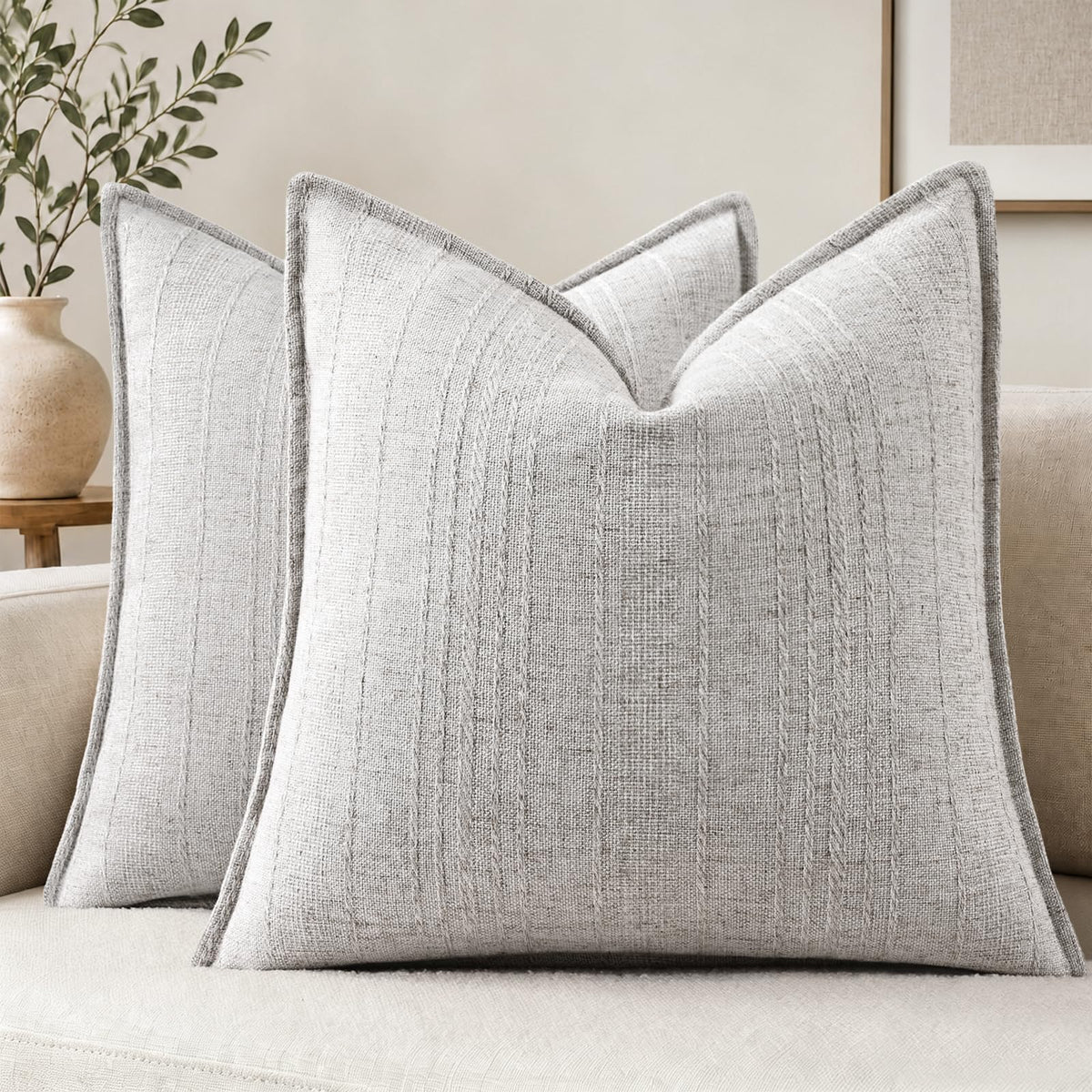 decorUhome Sage Green Textured Linen Throw Pillow Covers 18x18 Set of 2