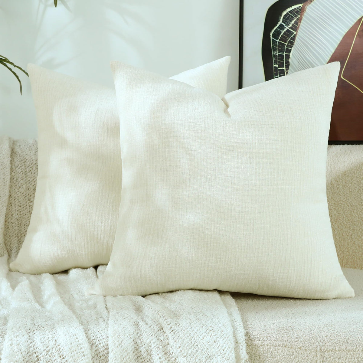 Stellhome Pack of 2 Soft Textured Throw Decorative Pillow Covers Square Accent Solid Cushion Cover Cozy Farmhouse Pillow Case for Couch Sofa Bedroom Living Room 18x18 Inch, Natural Beige