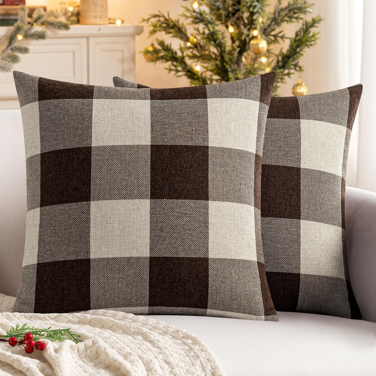 MIULEE Christmas Plaid Pillow Covers 18x18 White and Red Pack of 2